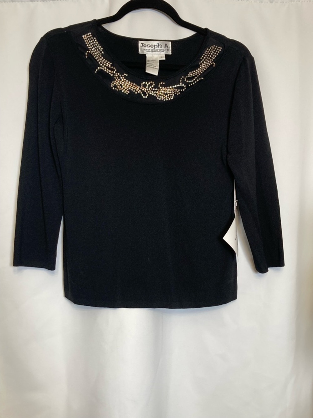 NWT Joseph A. Vintage Black Knit Top L Rhinestone Embellished 3/4 Sleeve Glam